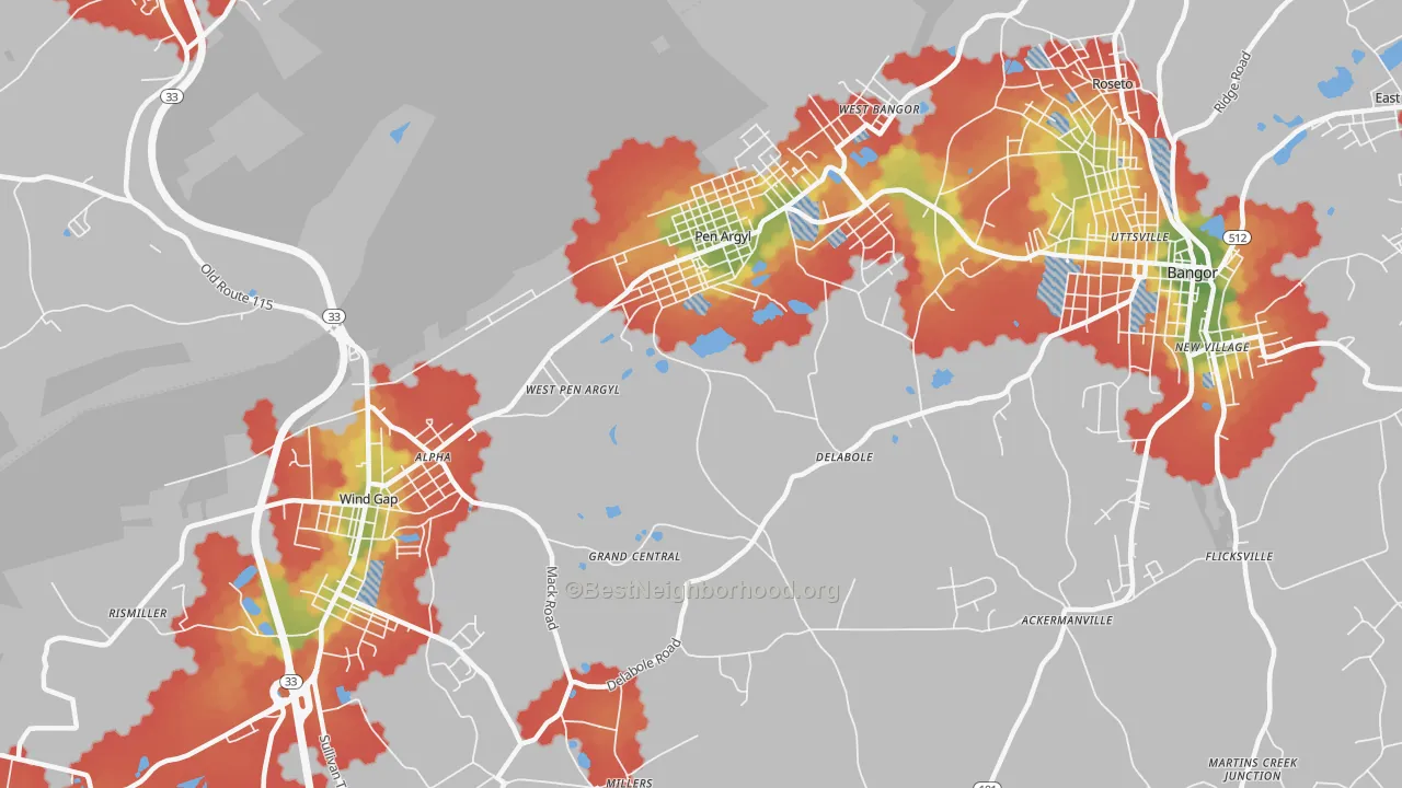 Walk Grade map of 18072, PA, walkable areas in green and car-dependent areas in red
