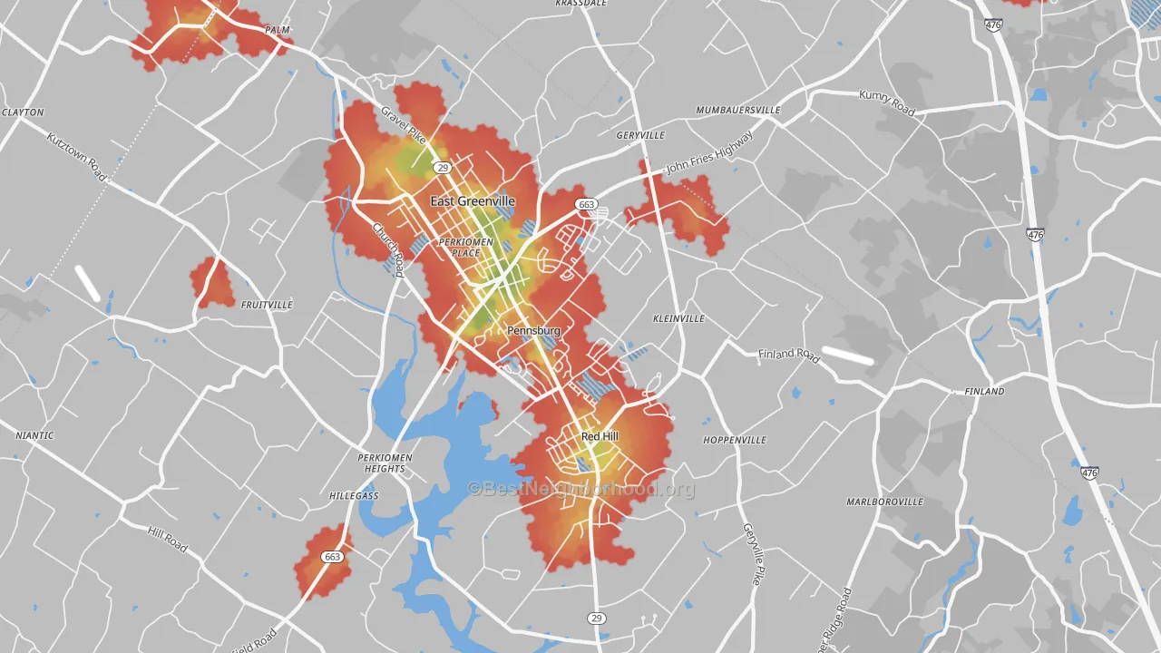 Walk Grade map of 18073, PA, walkable areas in green and car-dependent areas in red