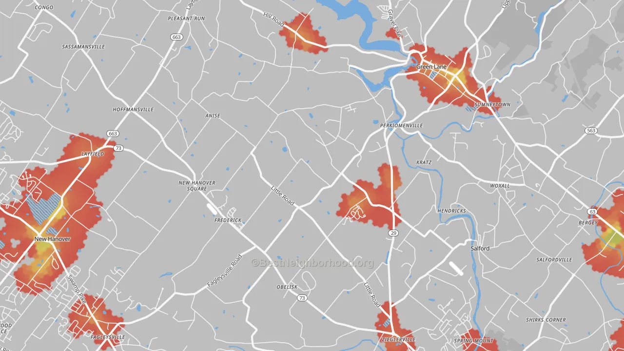 Walk Grade map of 18074, PA, walkable areas in green and car-dependent areas in red