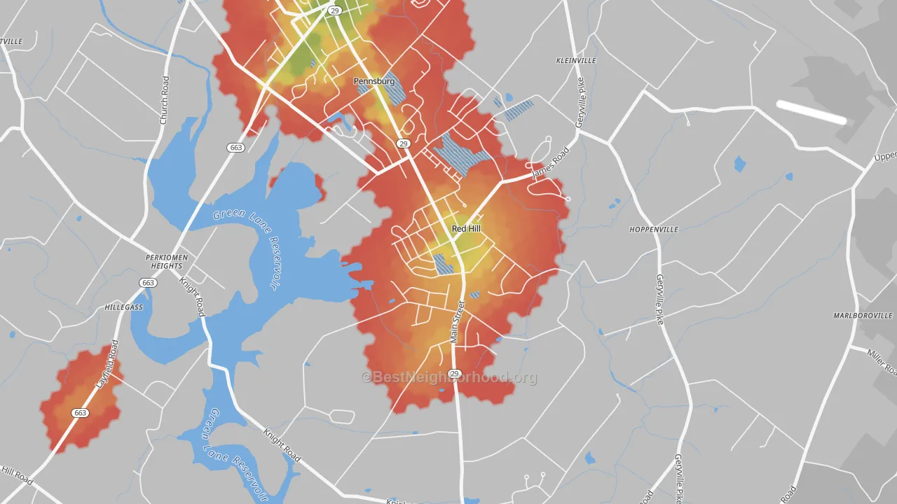 Walk Grade map of 18076, PA, walkable areas in green and car-dependent areas in red