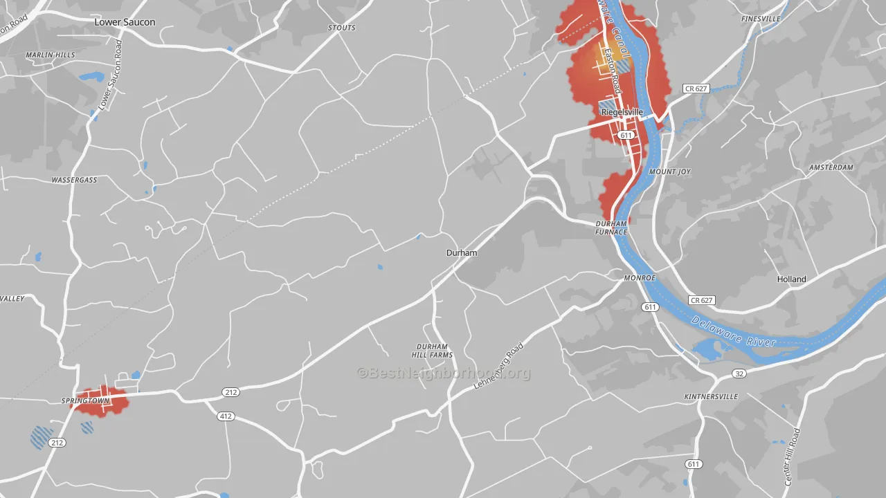 Walk Grade map of 18077, PA, walkable areas in green and car-dependent areas in red