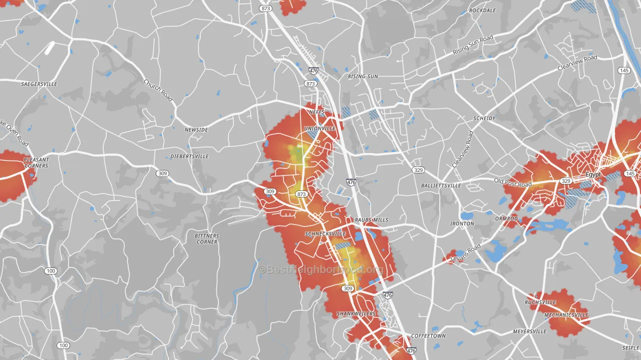 Walk Grade map of 18078, PA, walkable areas in green and car-dependent areas in red