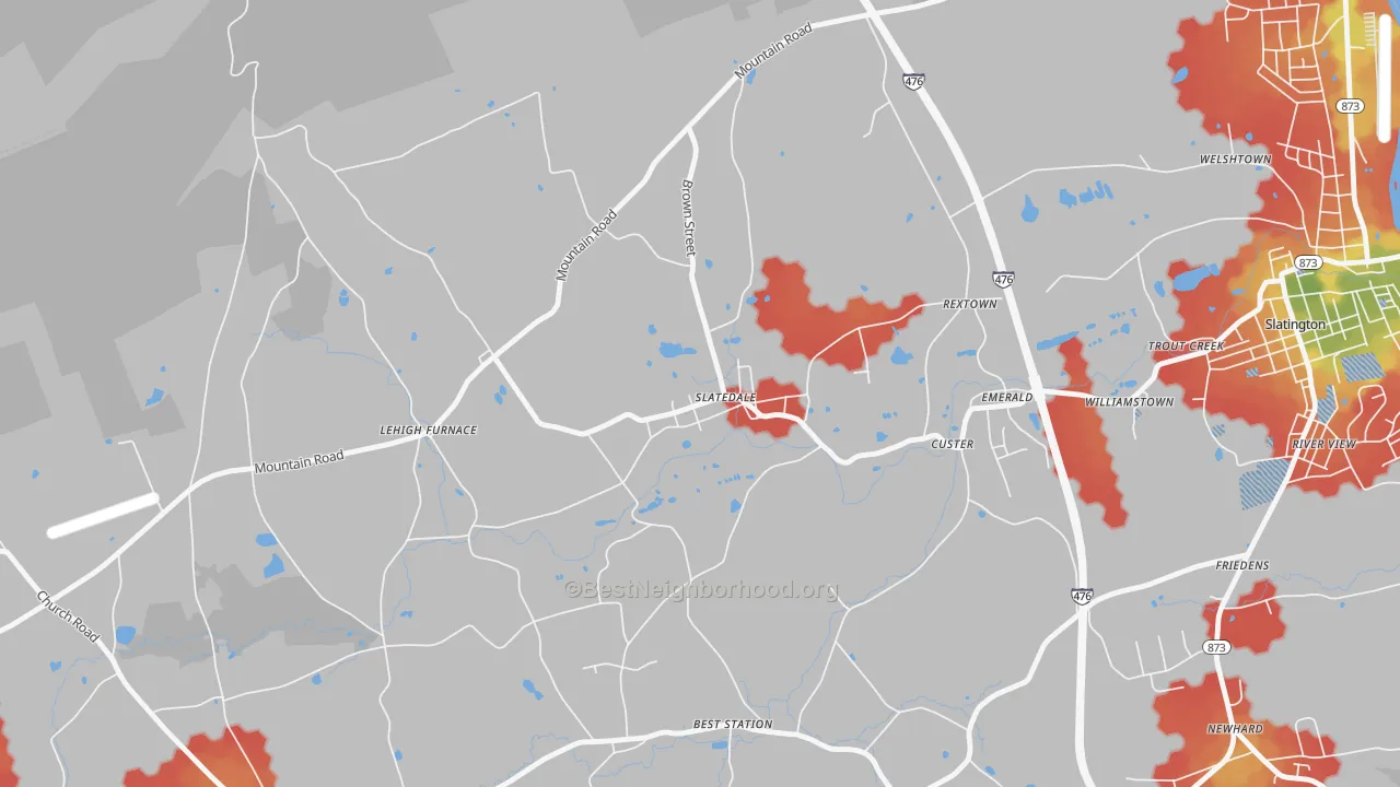Walk Grade map of 18079, PA, walkable areas in green and car-dependent areas in red
