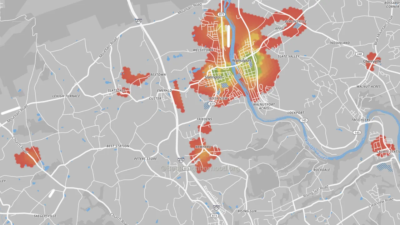 Walk Grade map of 18080, PA, walkable areas in green and car-dependent areas in red