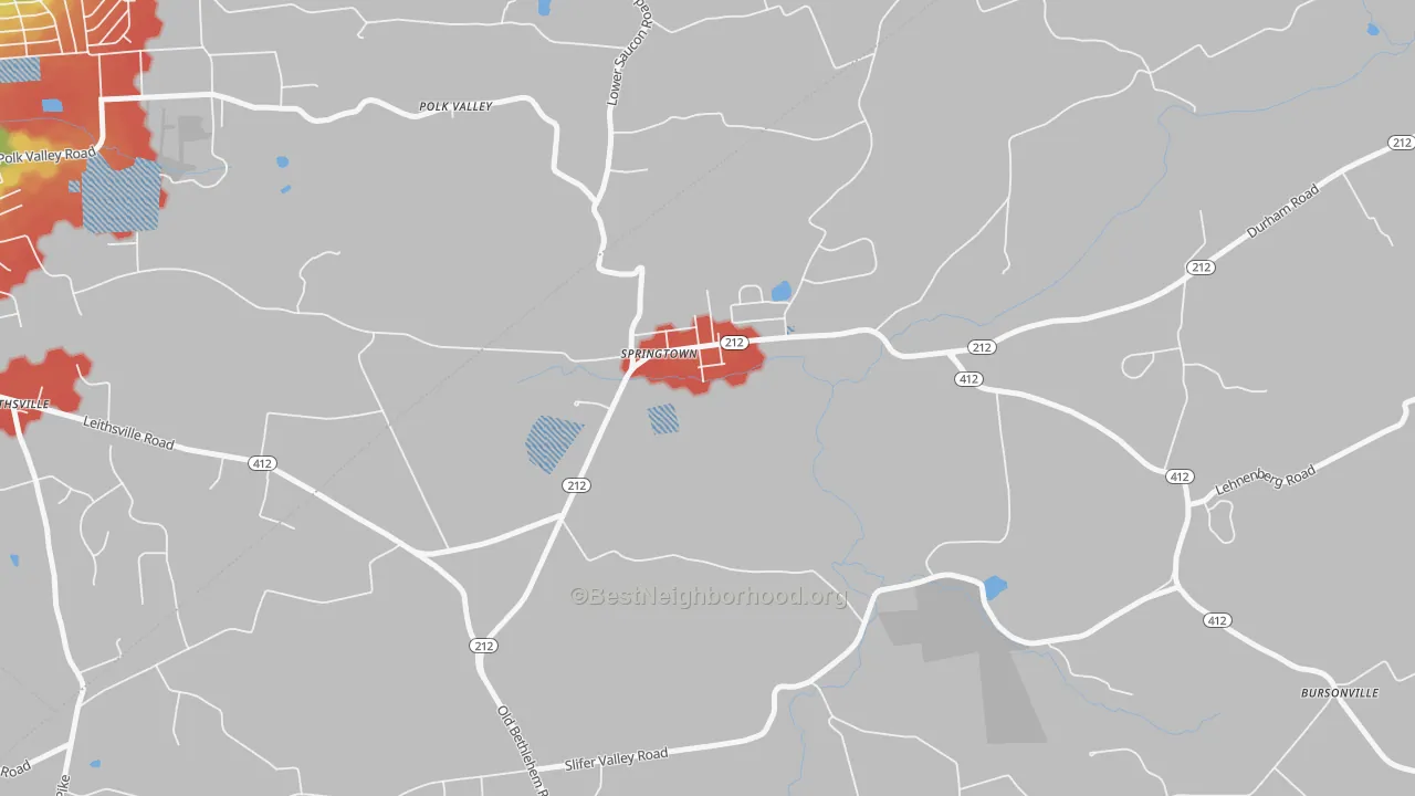 Walk Grade map of 18081, PA, walkable areas in green and car-dependent areas in red