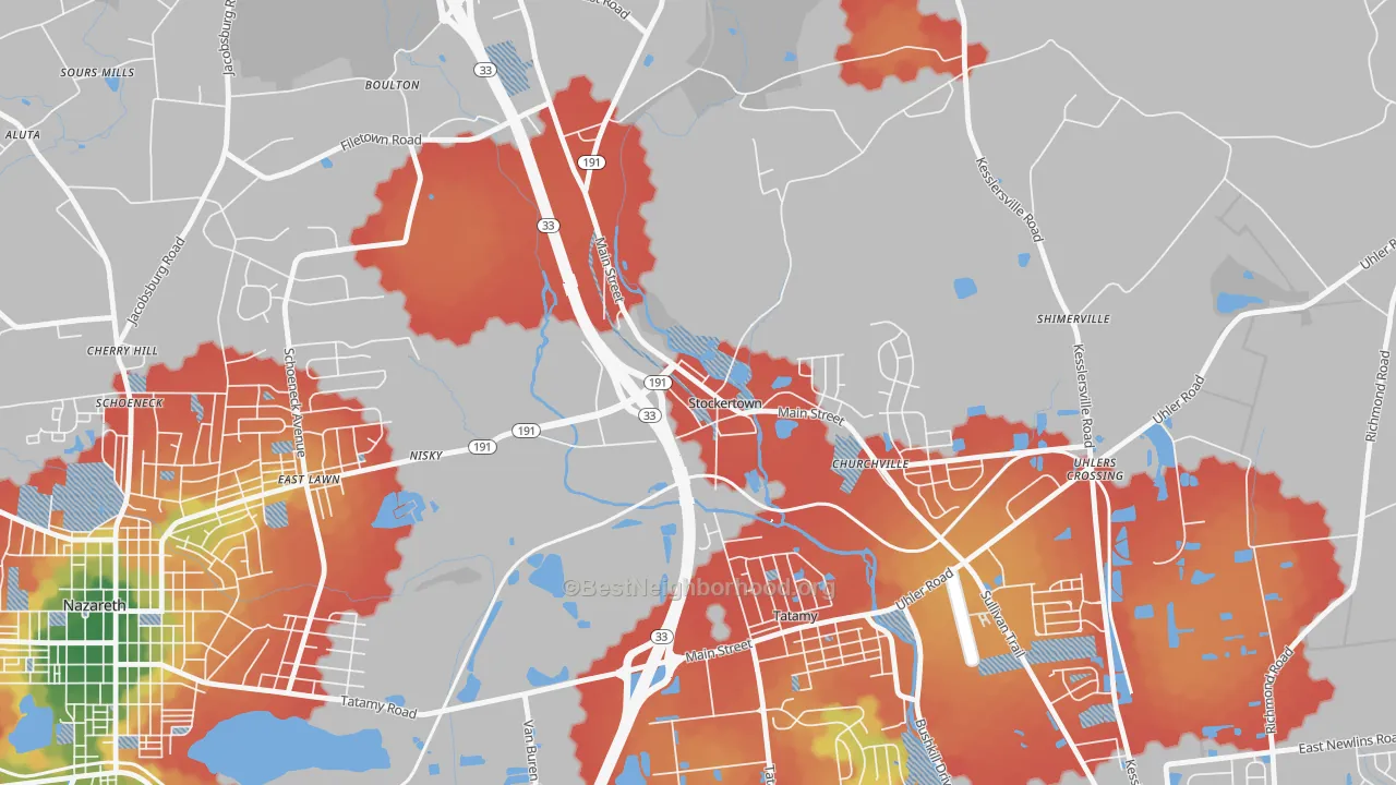 Walk Grade map of 18083, PA, walkable areas in green and car-dependent areas in red