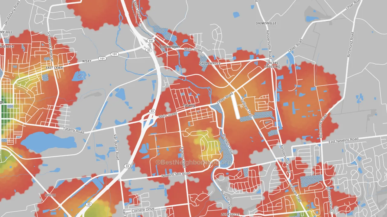 Walk Grade map of 18085, PA, walkable areas in green and car-dependent areas in red
