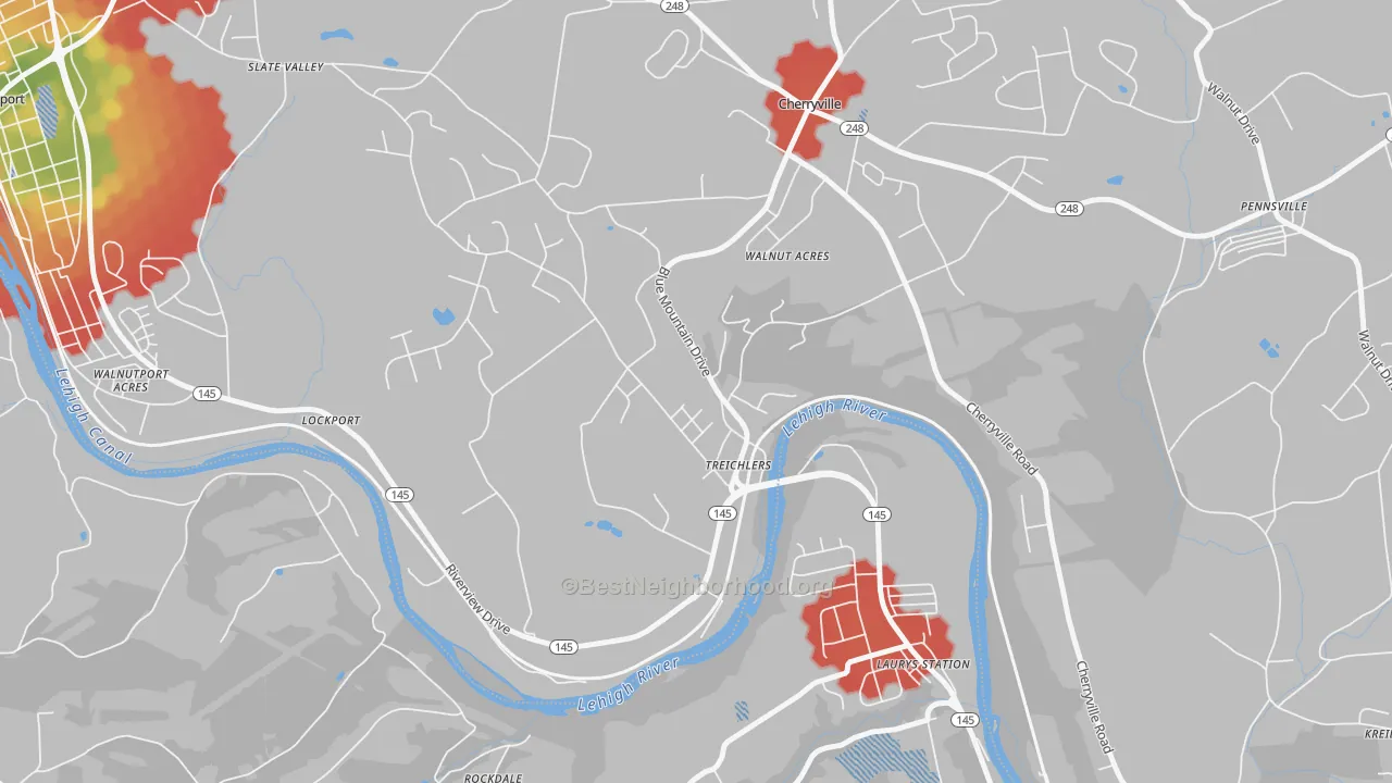 Walk Grade map of 18086, PA, walkable areas in green and car-dependent areas in red