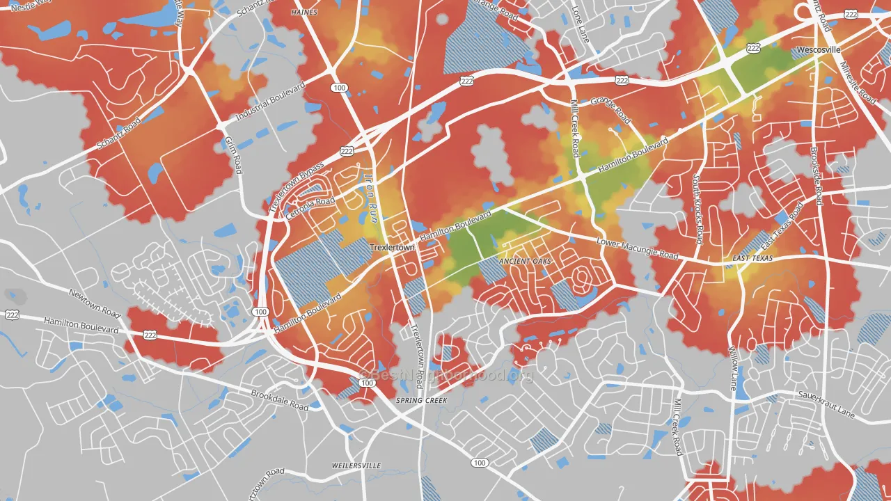 Walk Grade map of 18087, PA, walkable areas in green and car-dependent areas in red