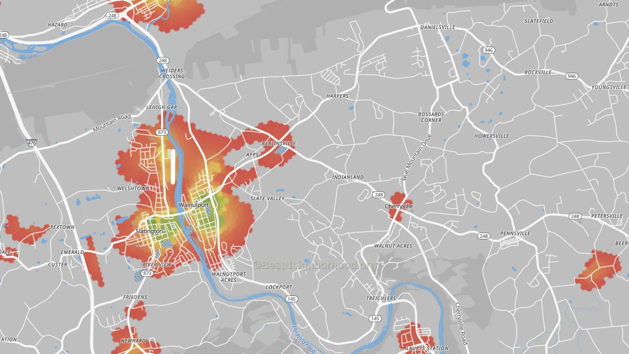 Walk Grade map of 18088, PA, walkable areas in green and car-dependent areas in red