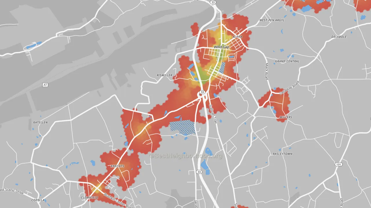 Walk Grade map of 18091, PA, walkable areas in green and car-dependent areas in red