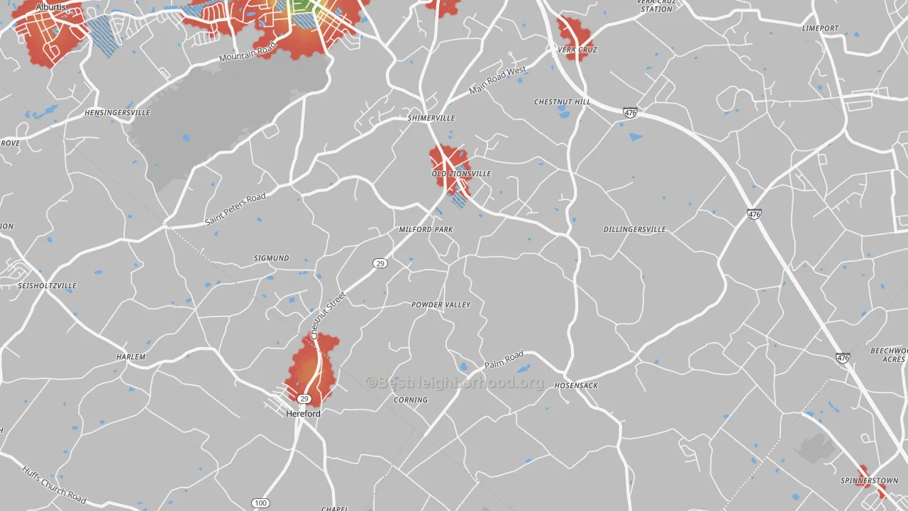 Walk Grade map of 18092, PA, walkable areas in green and car-dependent areas in red
