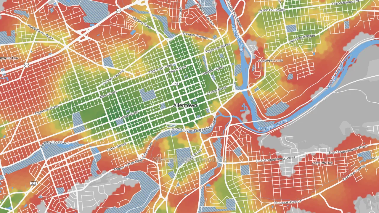 Walk Grade map of 18101, PA, walkable areas in green and car-dependent areas in red