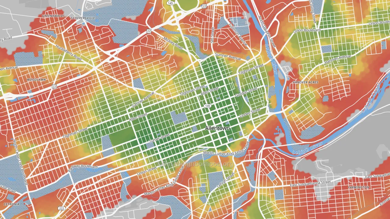 Walk Grade map of 18102, PA, walkable areas in green and car-dependent areas in red