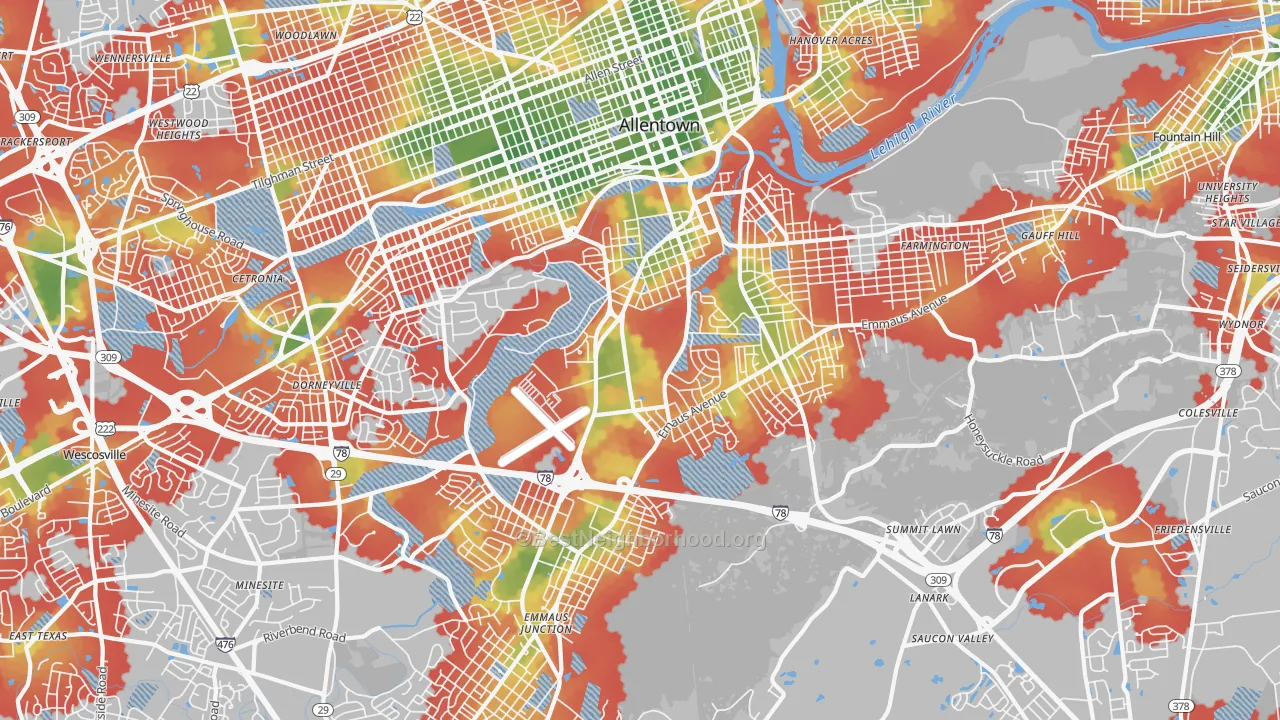 Walk Grade map of 18103, PA, walkable areas in green and car-dependent areas in red