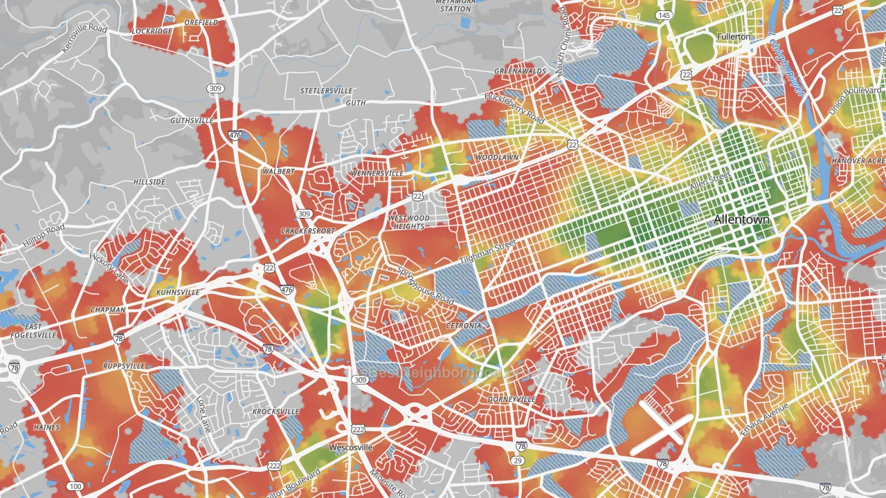 Walk Grade map of 18104, PA, walkable areas in green and car-dependent areas in red