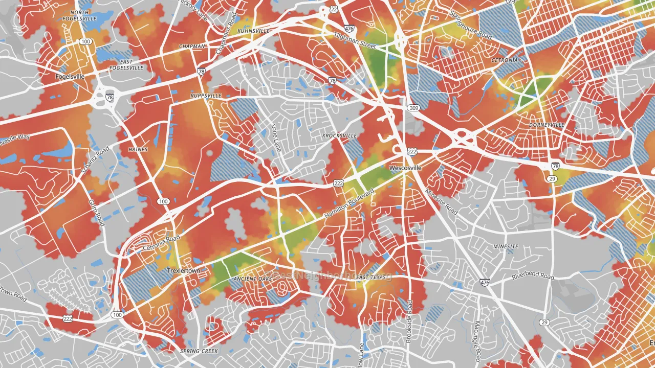 Walk Grade map of 18106, PA, walkable areas in green and car-dependent areas in red
