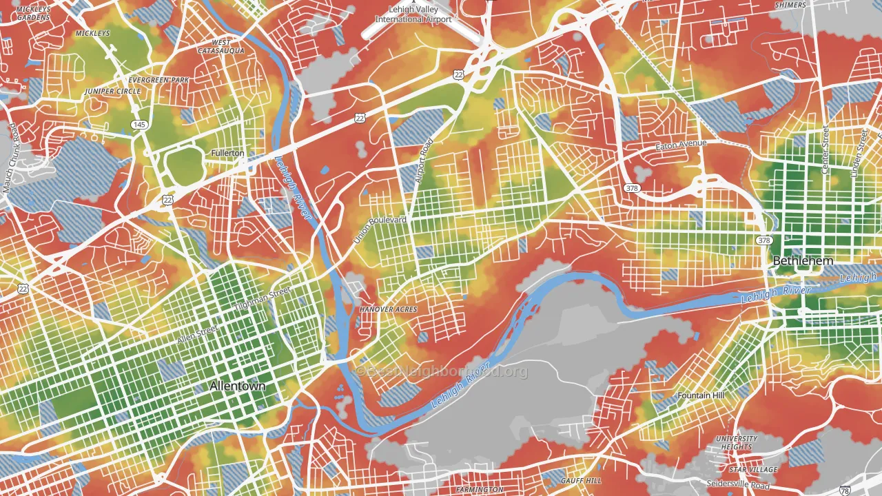 Walk Grade map of 18109, PA, walkable areas in green and car-dependent areas in red