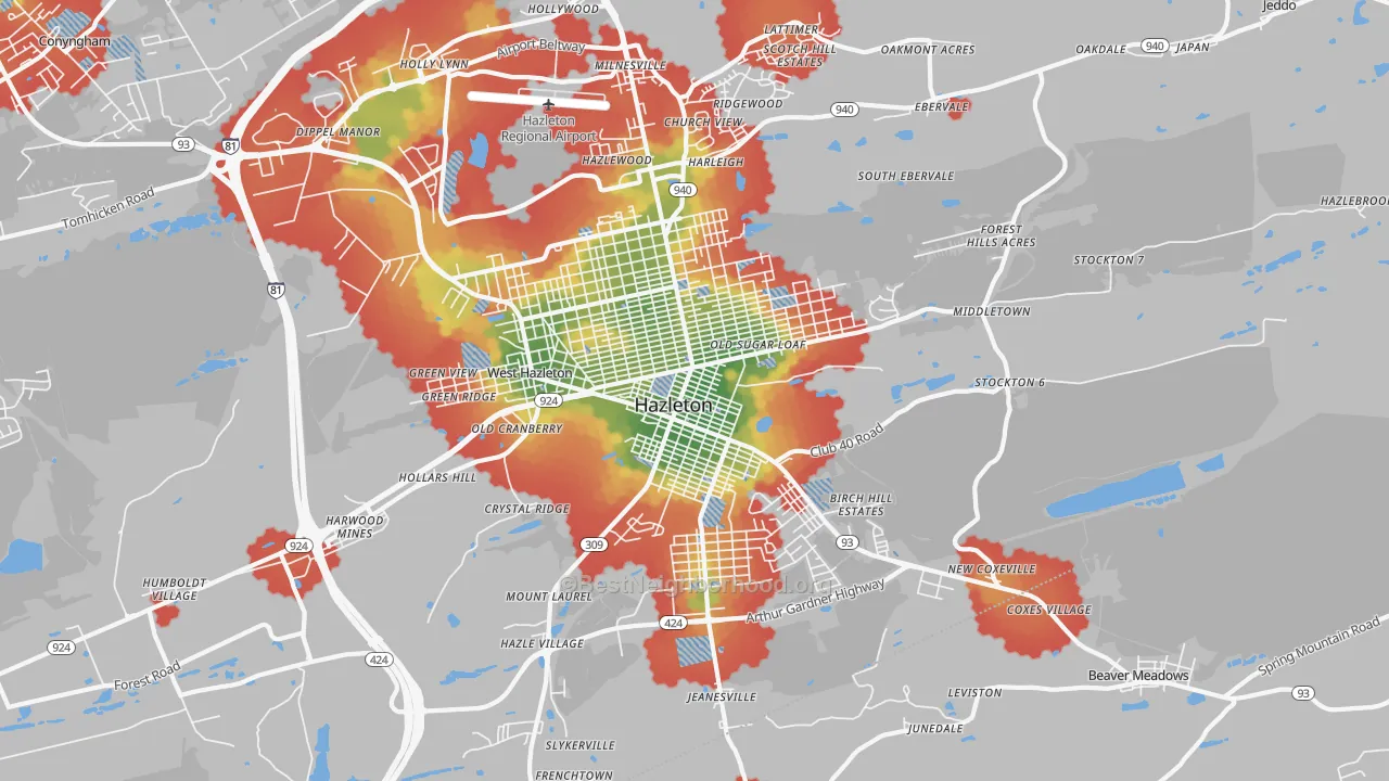 Walk Grade map of 18201, PA, walkable areas in green and car-dependent areas in red