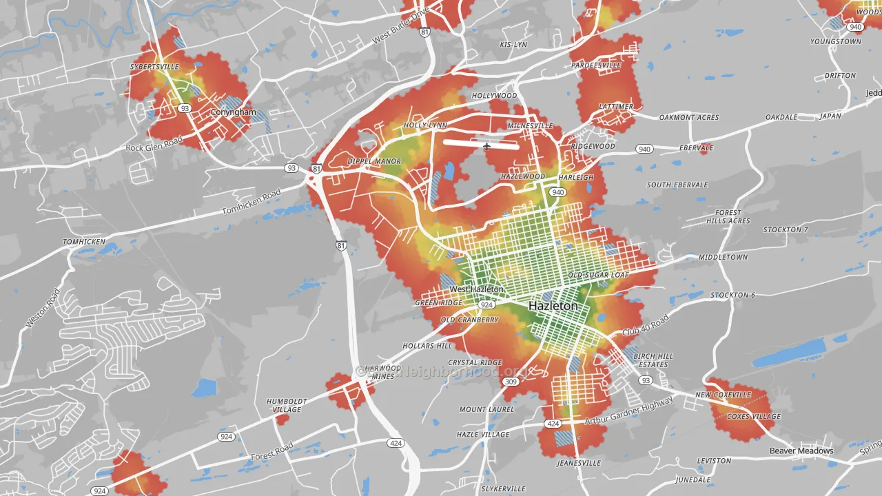 Walk Grade map of 18202, PA, walkable areas in green and car-dependent areas in red