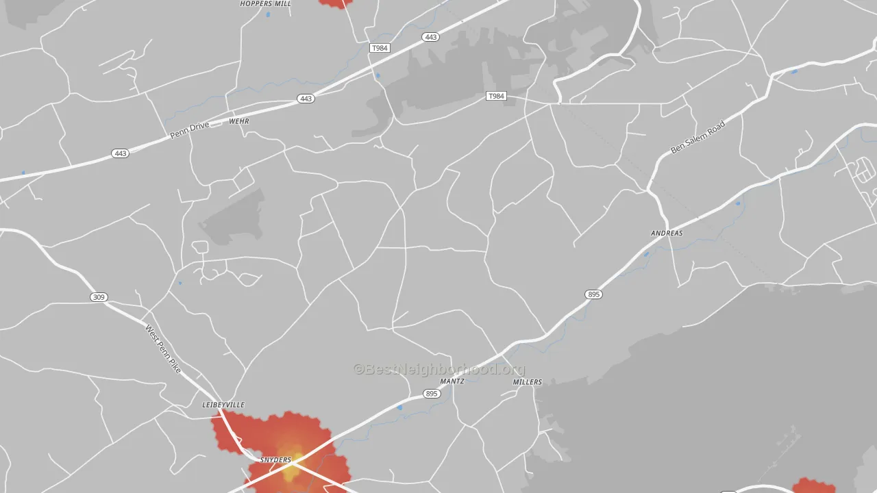 Walk Grade map of 18211, PA, walkable areas in green and car-dependent areas in red