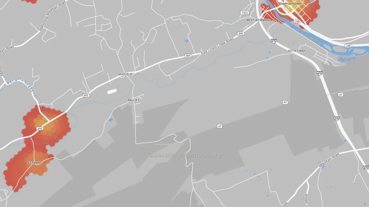 Walk Grade map of 18212, PA, walkable areas in green and car-dependent areas in red