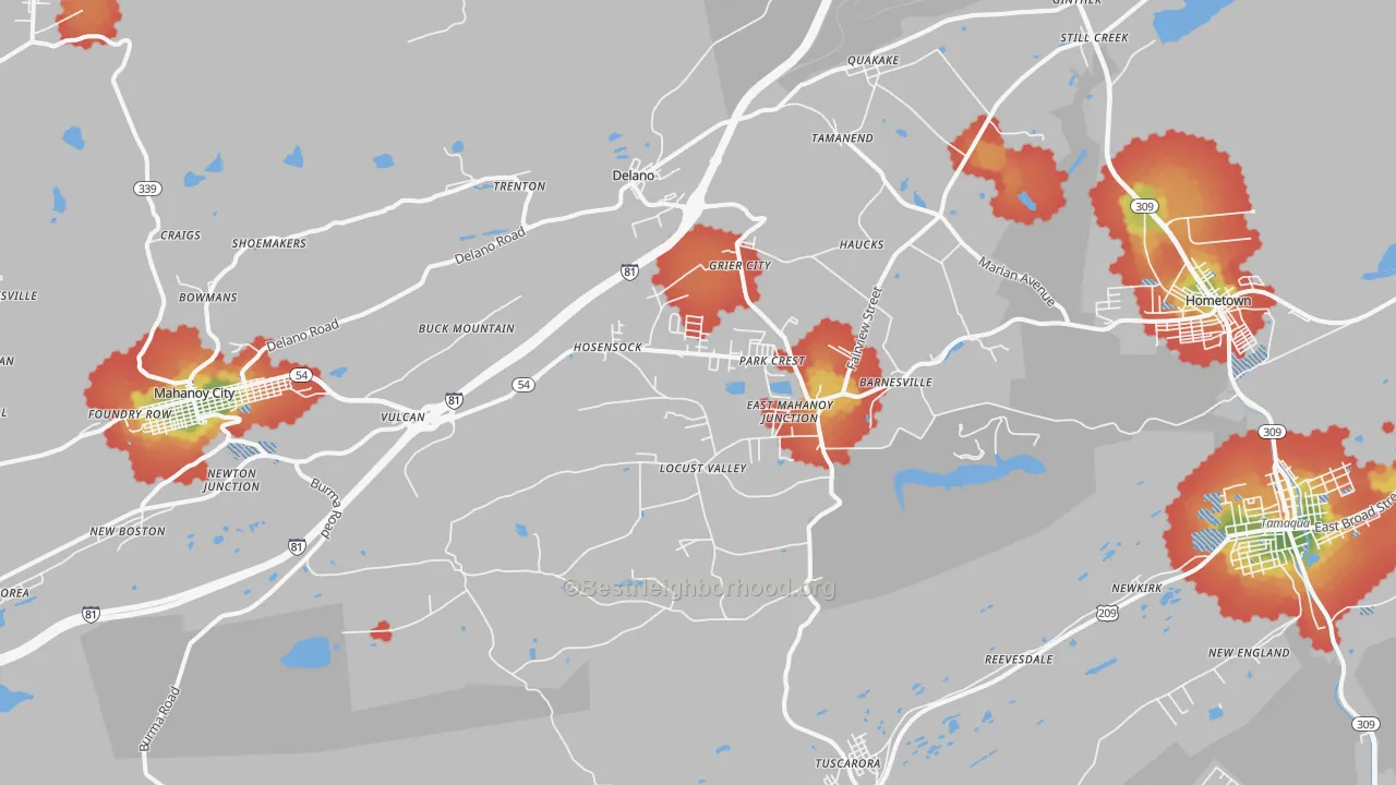Walk Grade map of 18214, PA, walkable areas in green and car-dependent areas in red