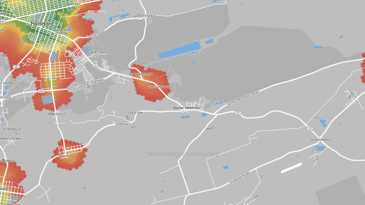 Walk Grade map of 18216, PA, walkable areas in green and car-dependent areas in red