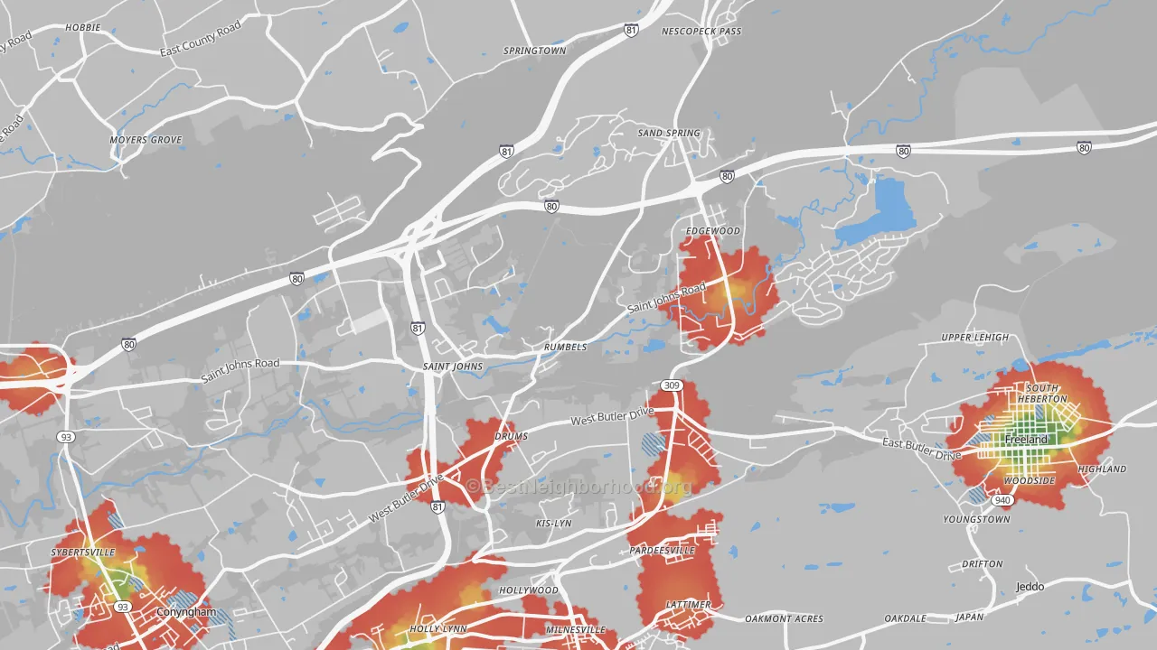 Walk Grade map of 18222, PA, walkable areas in green and car-dependent areas in red