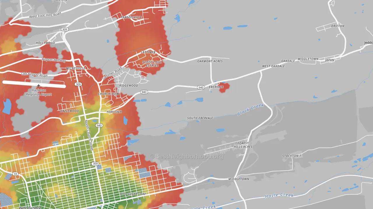 Walk Grade map of 18223, PA, walkable areas in green and car-dependent areas in red