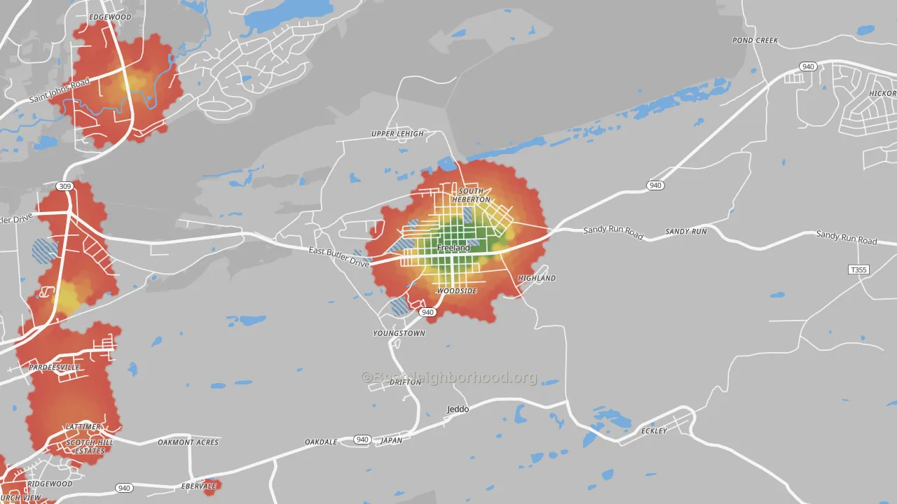 Walk Grade map of 18224, PA, walkable areas in green and car-dependent areas in red