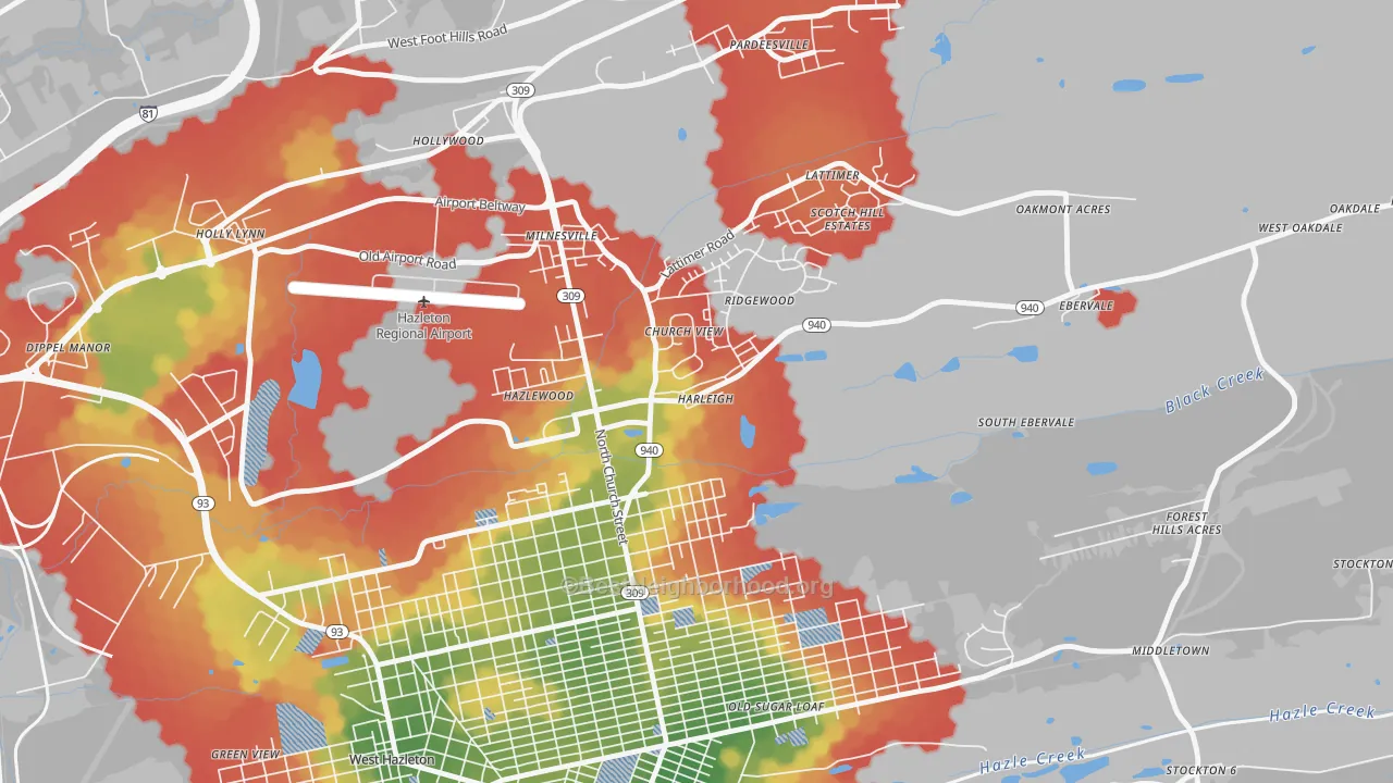Walk Grade map of 18225, PA, walkable areas in green and car-dependent areas in red