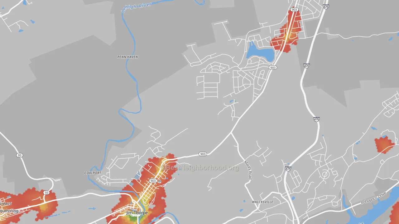 Walk Grade map of 18229, PA, walkable areas in green and car-dependent areas in red