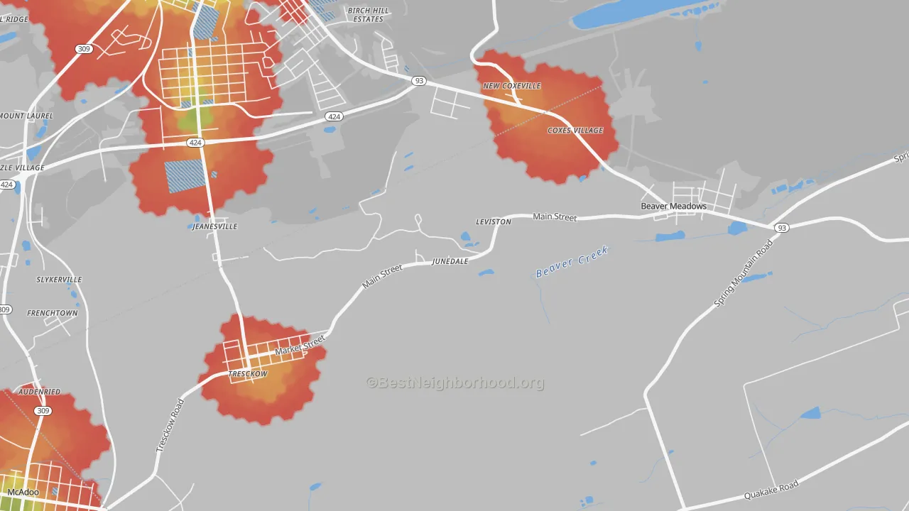 Walk Grade map of 18230, PA, walkable areas in green and car-dependent areas in red