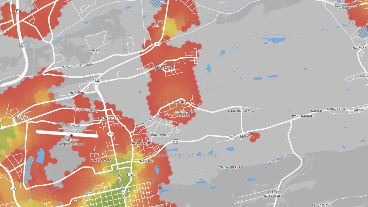 Walk Grade map of 18234, PA, walkable areas in green and car-dependent areas in red