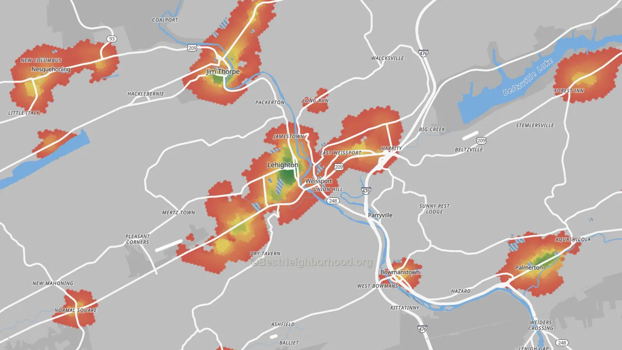 Walk Grade map of 18235, PA, walkable areas in green and car-dependent areas in red