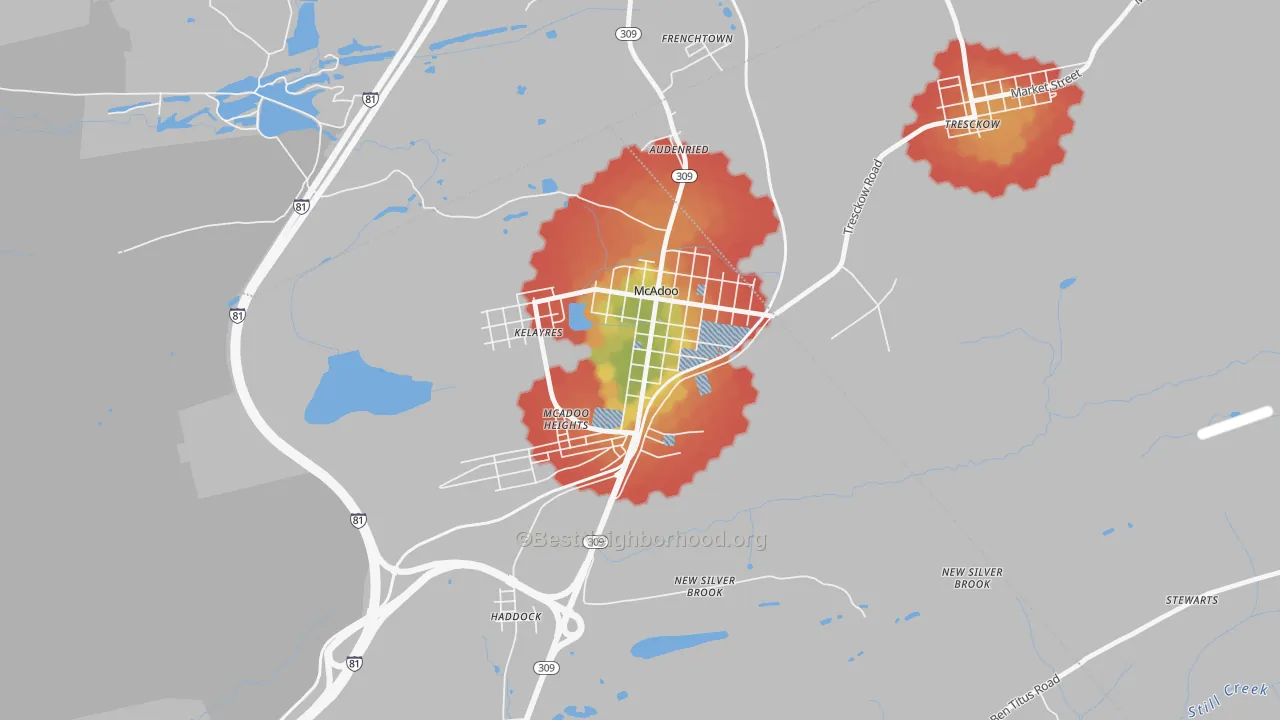 Walk Grade map of 18237, PA, walkable areas in green and car-dependent areas in red