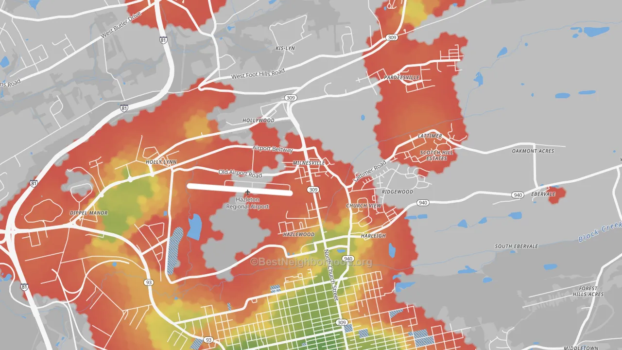 Walk Grade map of 18239, PA, walkable areas in green and car-dependent areas in red