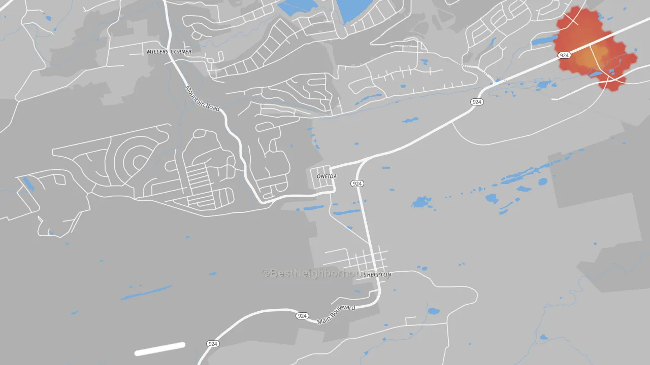 Walk Grade map of 18242, PA, walkable areas in green and car-dependent areas in red