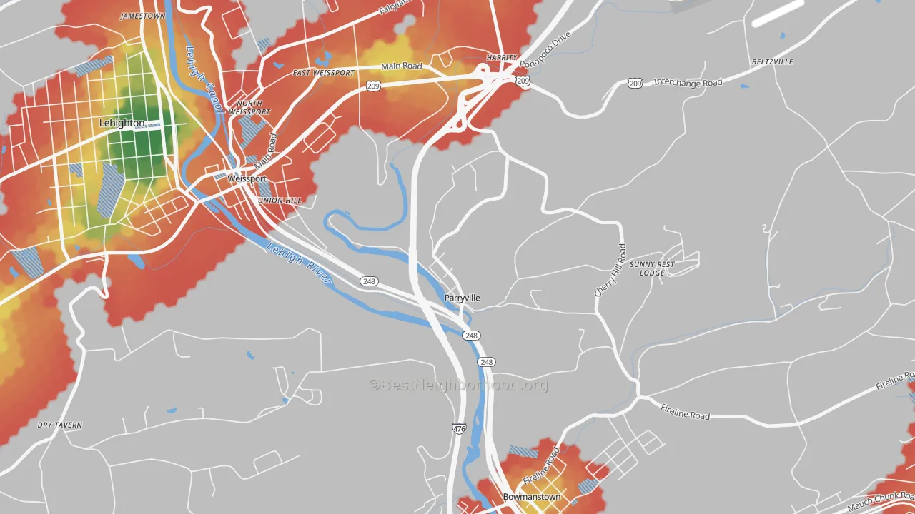 Walk Grade map of 18244, PA, walkable areas in green and car-dependent areas in red