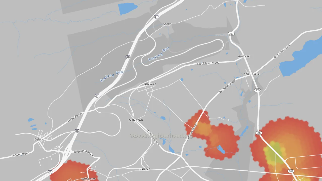 Walk Grade map of 18245, PA, walkable areas in green and car-dependent areas in red