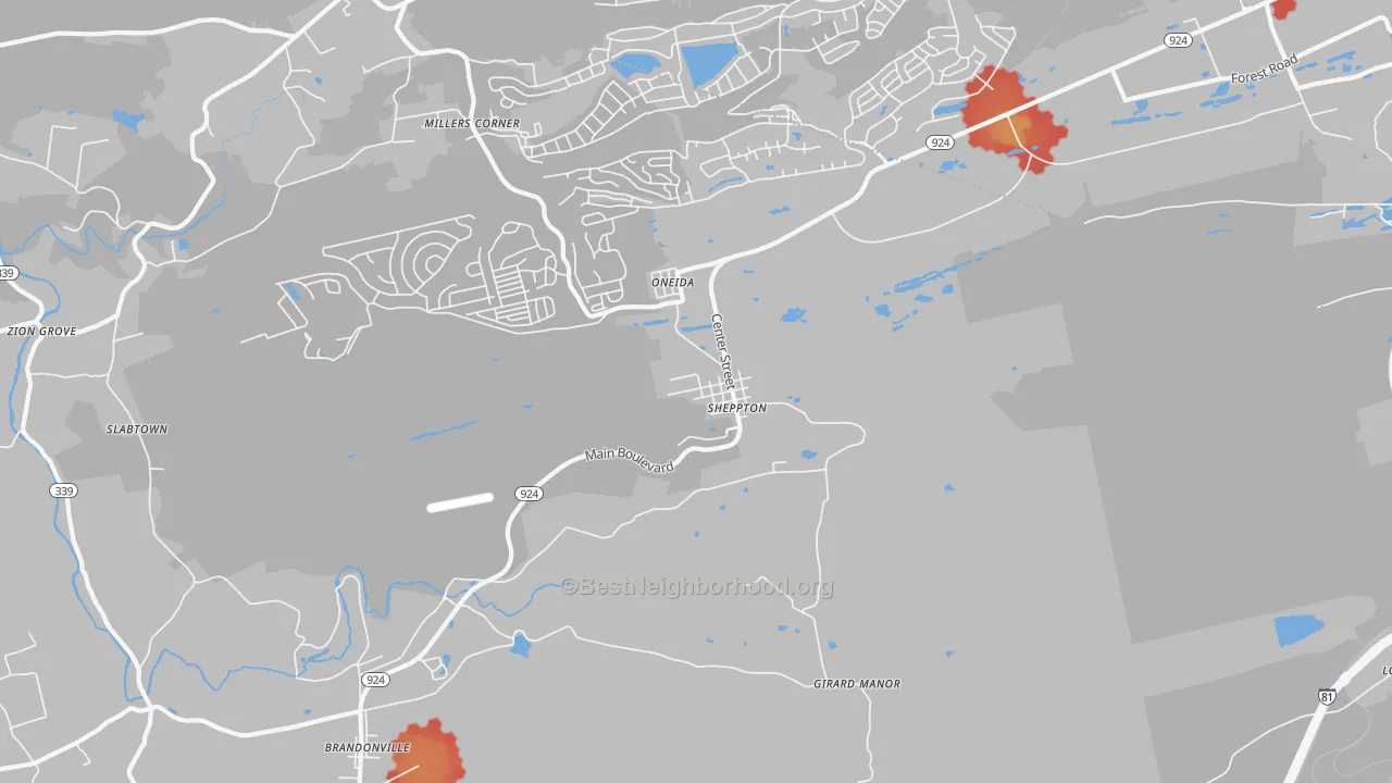 Walk Grade map of 18248, PA, walkable areas in green and car-dependent areas in red