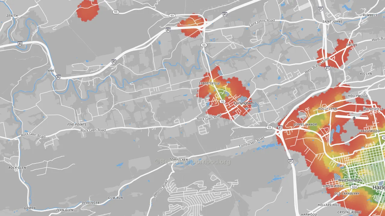 Walk Grade map of 18249, PA, walkable areas in green and car-dependent areas in red