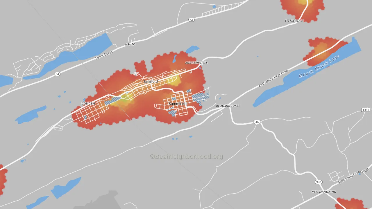 Walk Grade map of 18250, PA, walkable areas in green and car-dependent areas in red