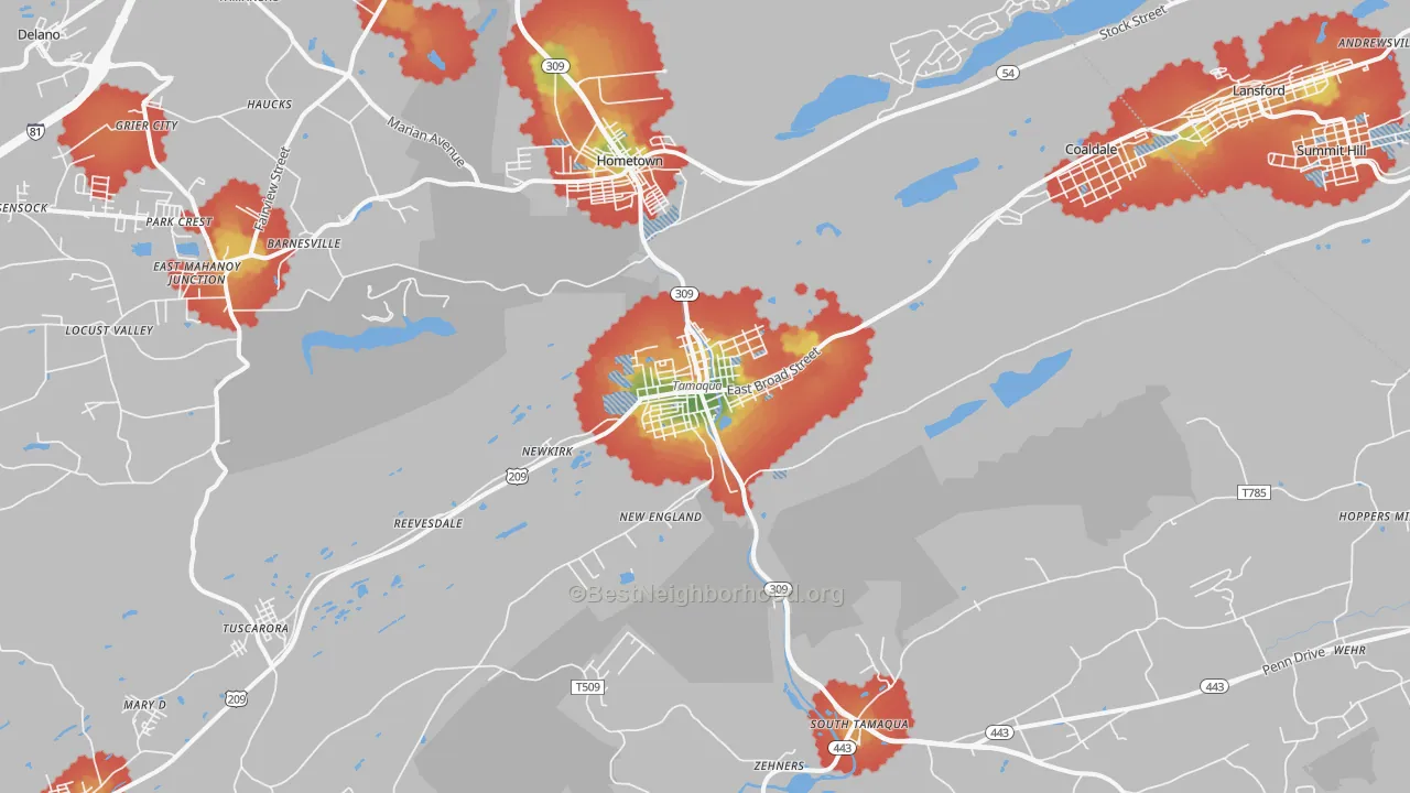 Walk Grade map of 18252, PA, walkable areas in green and car-dependent areas in red