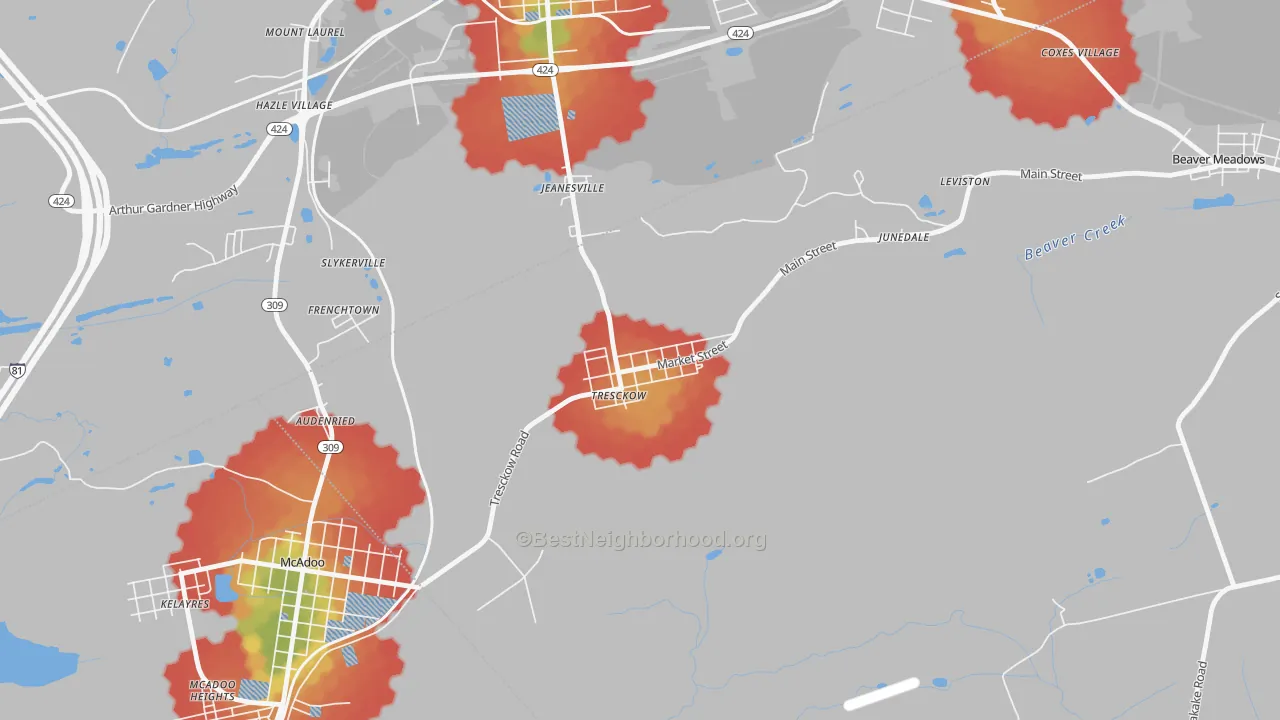 Walk Grade map of 18254, PA, walkable areas in green and car-dependent areas in red
