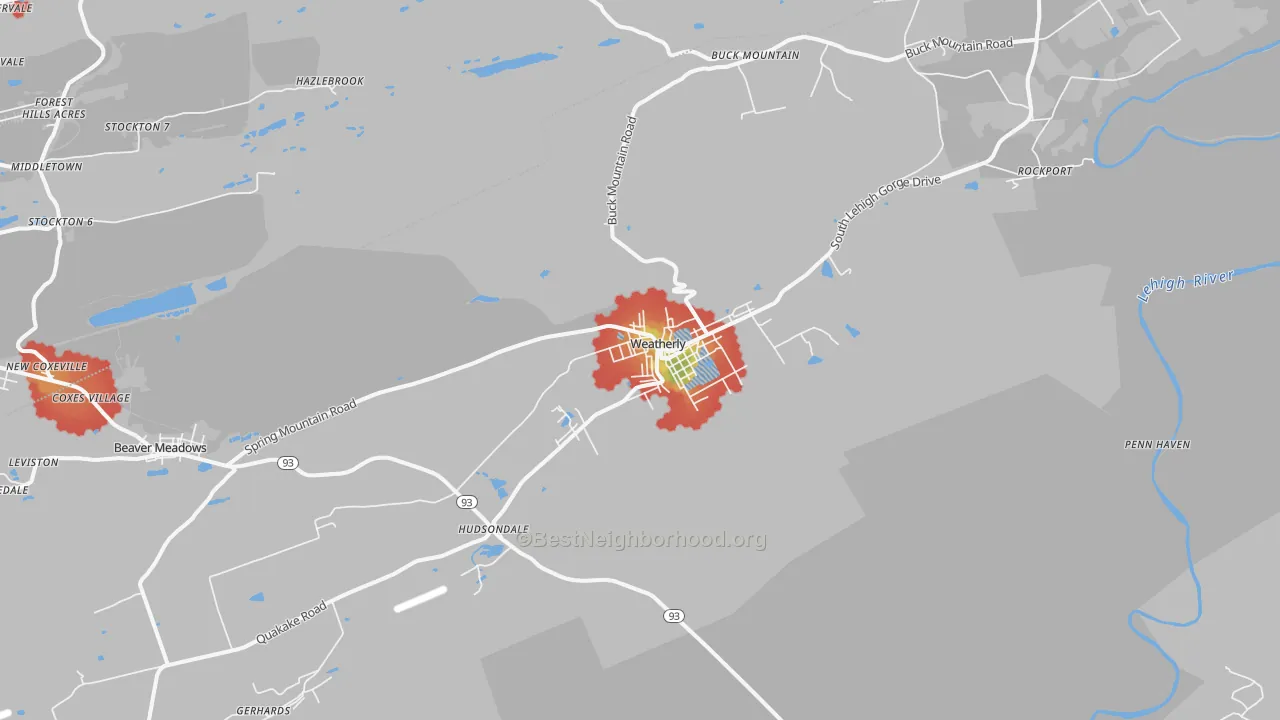 Walk Grade map of 18255, PA, walkable areas in green and car-dependent areas in red