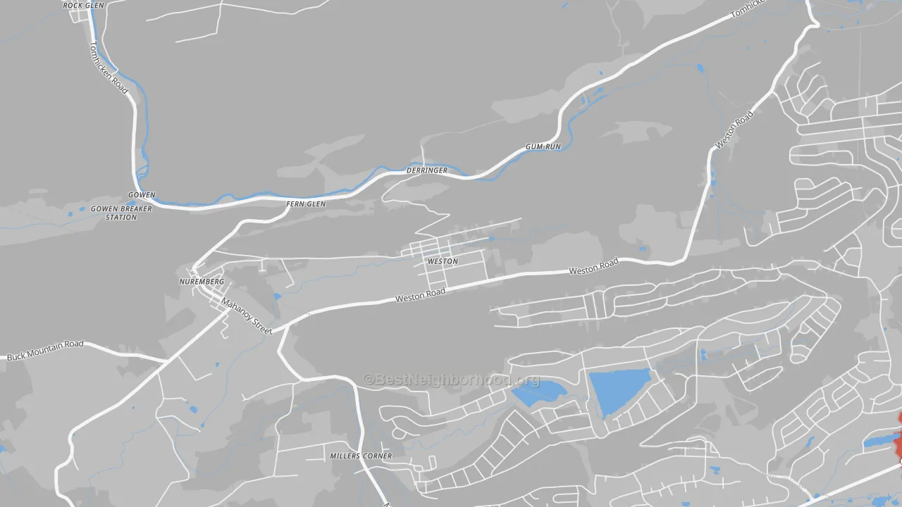 Walk Grade map of 18256, PA, walkable areas in green and car-dependent areas in red