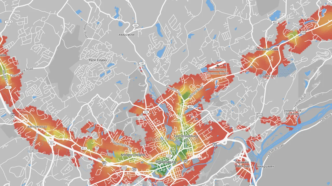 Walk Grade map of 18301, PA, walkable areas in green and car-dependent areas in red