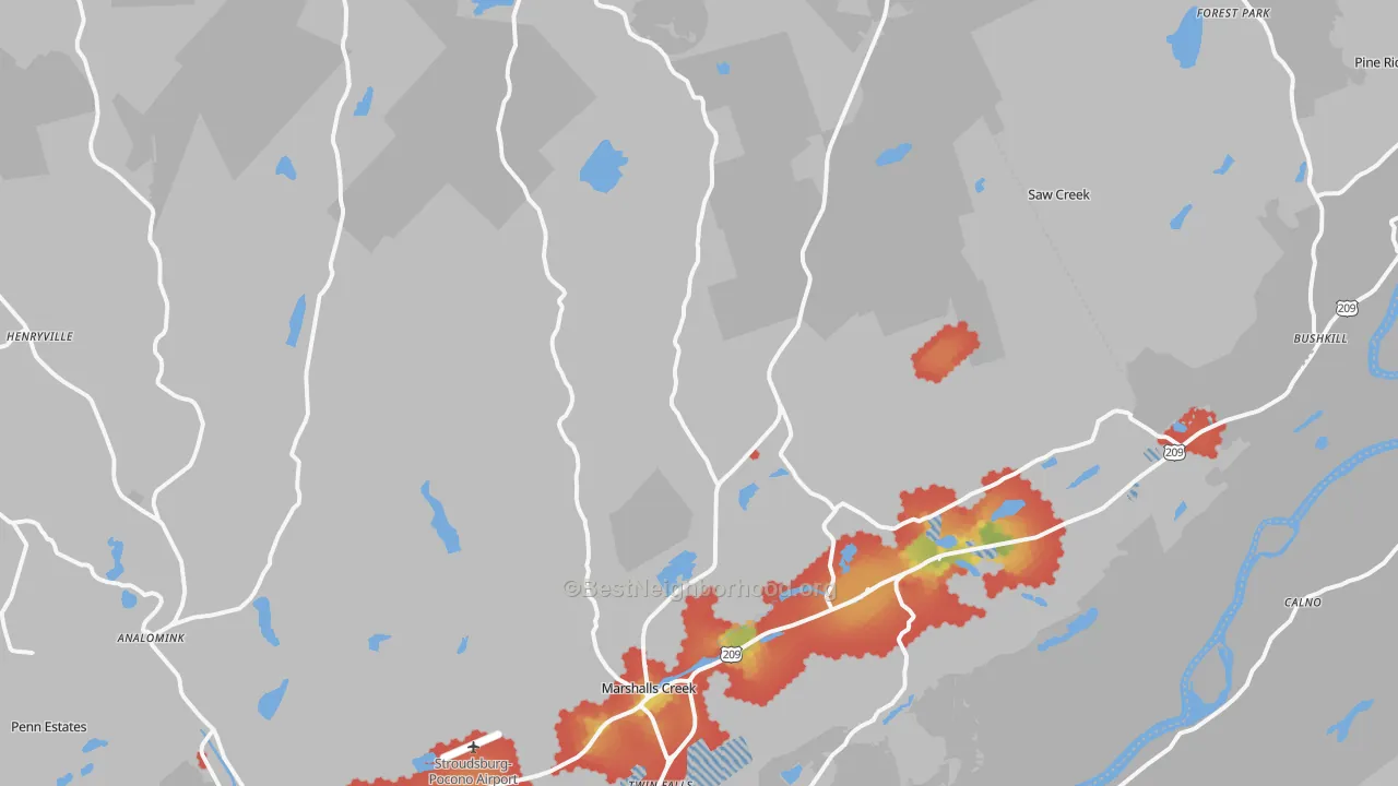 Walk Grade map of 18302, PA, walkable areas in green and car-dependent areas in red